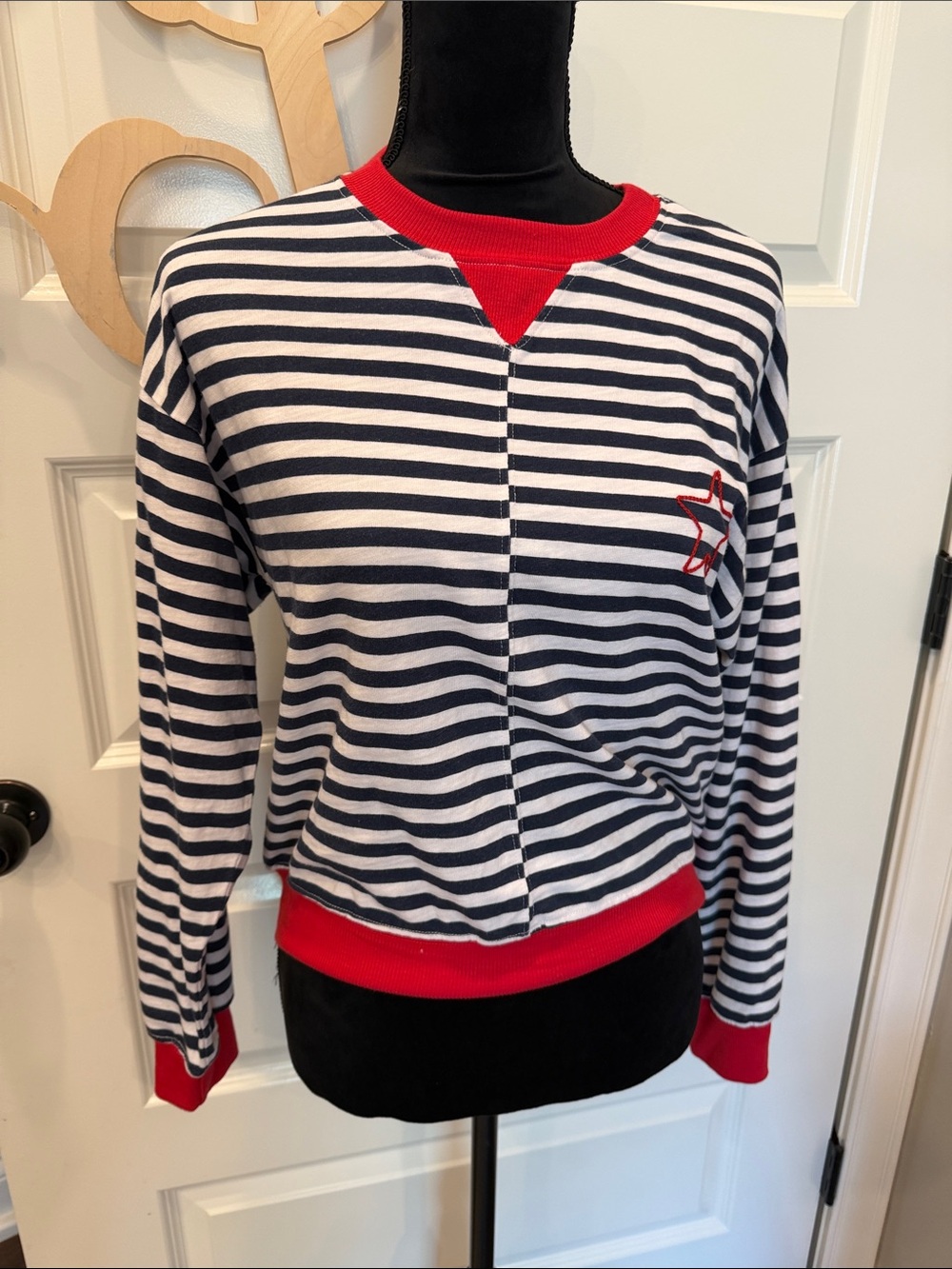 Sundry Navy White Striped Sweatshirt with Red Trim